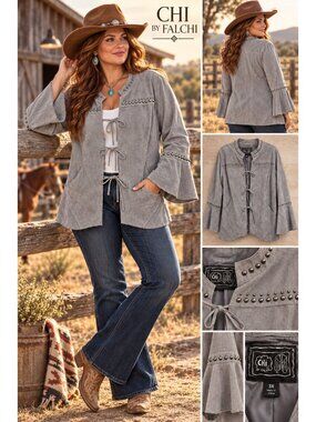 Chi by Falchi Gray Genuine Leather Studded Tie Front Jacket Womens Size 3X